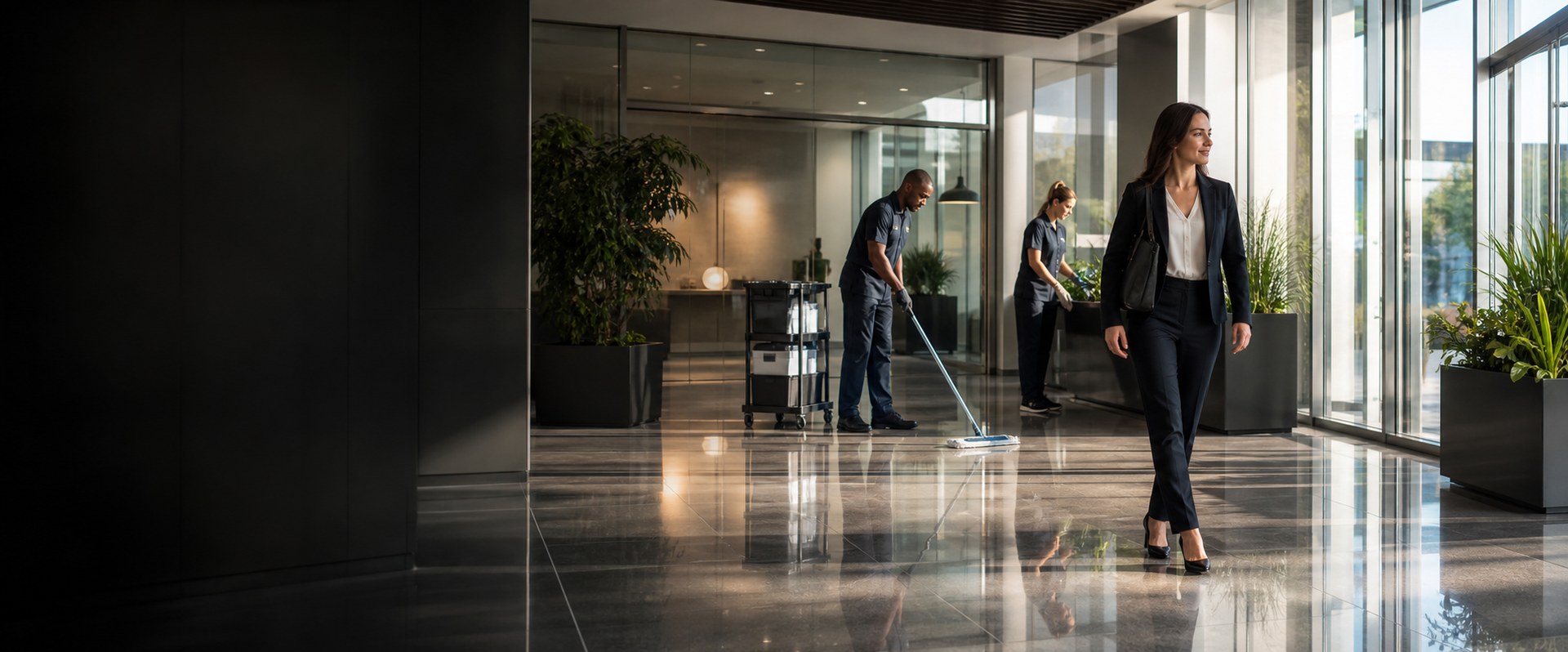Genesis cleaning professionals caring for a modern commercial workplace
