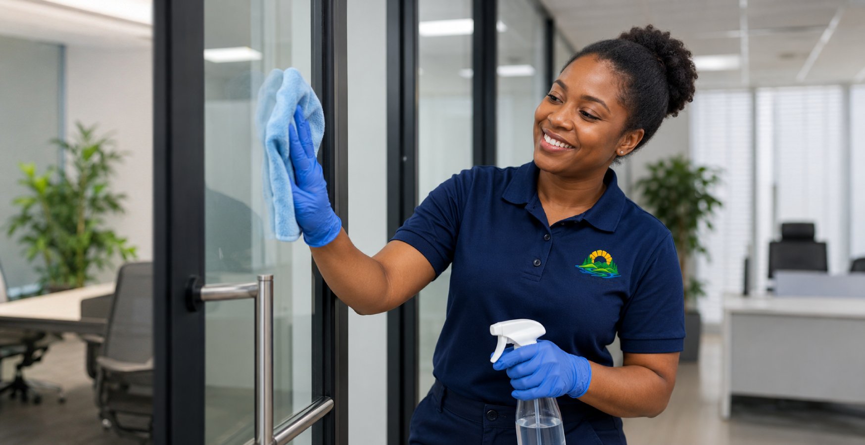 Environmental services professional disinfecting a modern clinic
