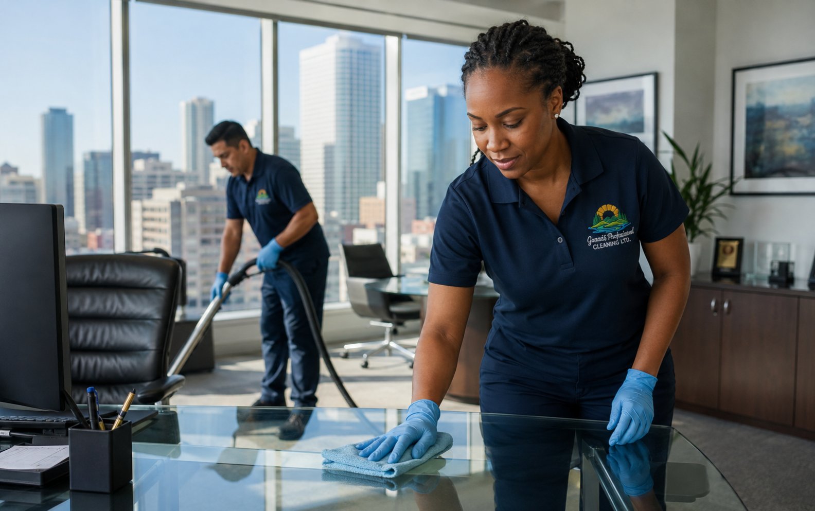 Professional cleaner caring for a modern corporate office
